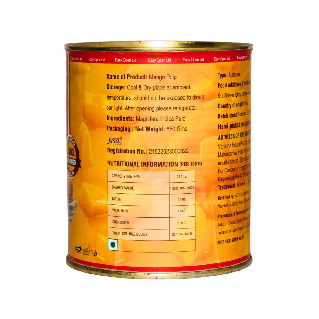 Gardens of Vaitarna Alphonso Mango Pulp - 400g | Unsweetened, Non-GMO, No Preservatives