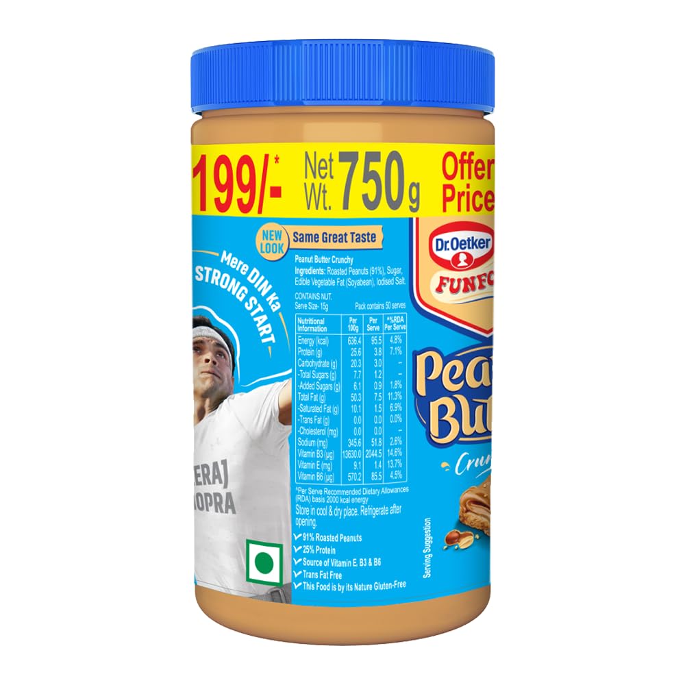 Dr. Oetker FunFoods Crunchy Peanut Butter, 750g | 91% Roasted Peanuts | 25% Protein | Plant-Based Spread