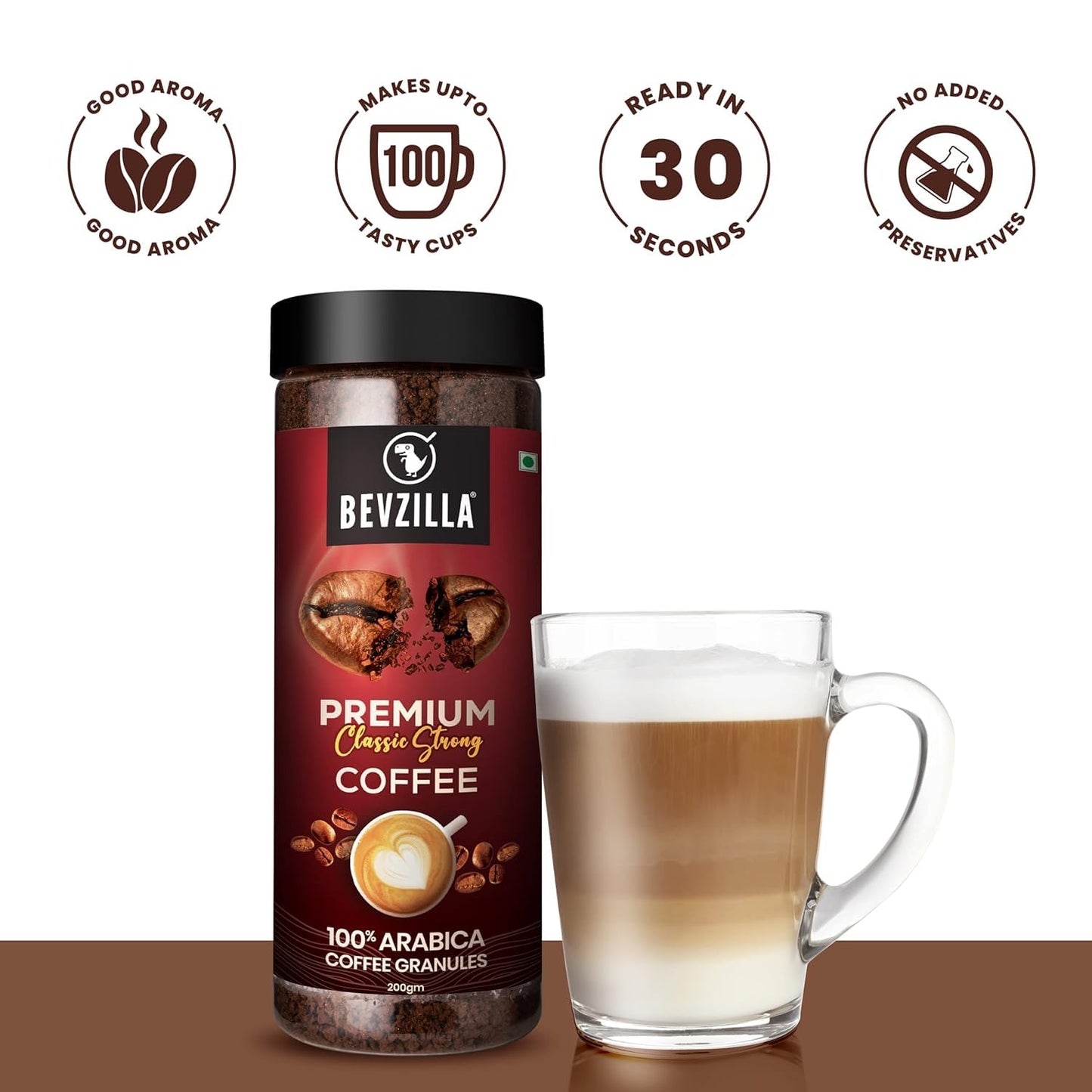 Bevzilla Arabica Instant Coffee Powder 200g | Makes 100 Cups | Ideal for Espresso & Latte