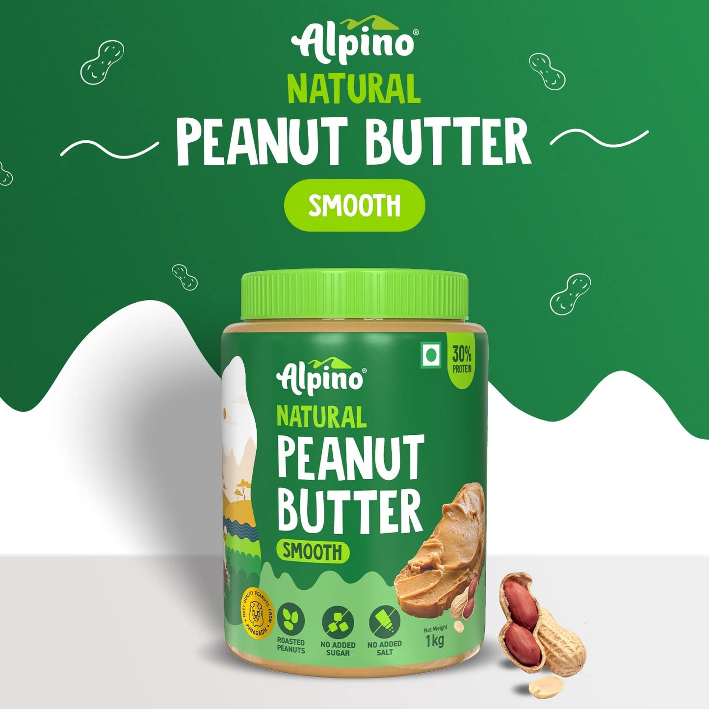 ALPINO Peanut Butter Smooth 1kg - Unsweetened, 30g Protein, Vegan