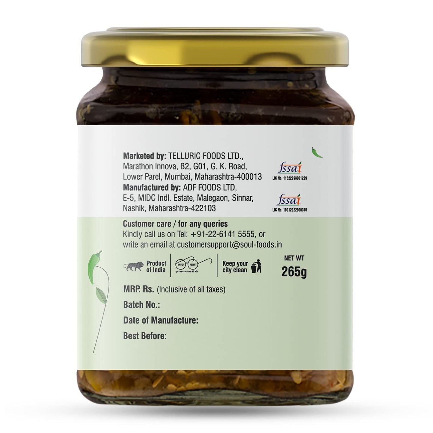 ADF Soul’s Green Chilli Pickle in Olive Oil - 265g, Spicy & Flavorful