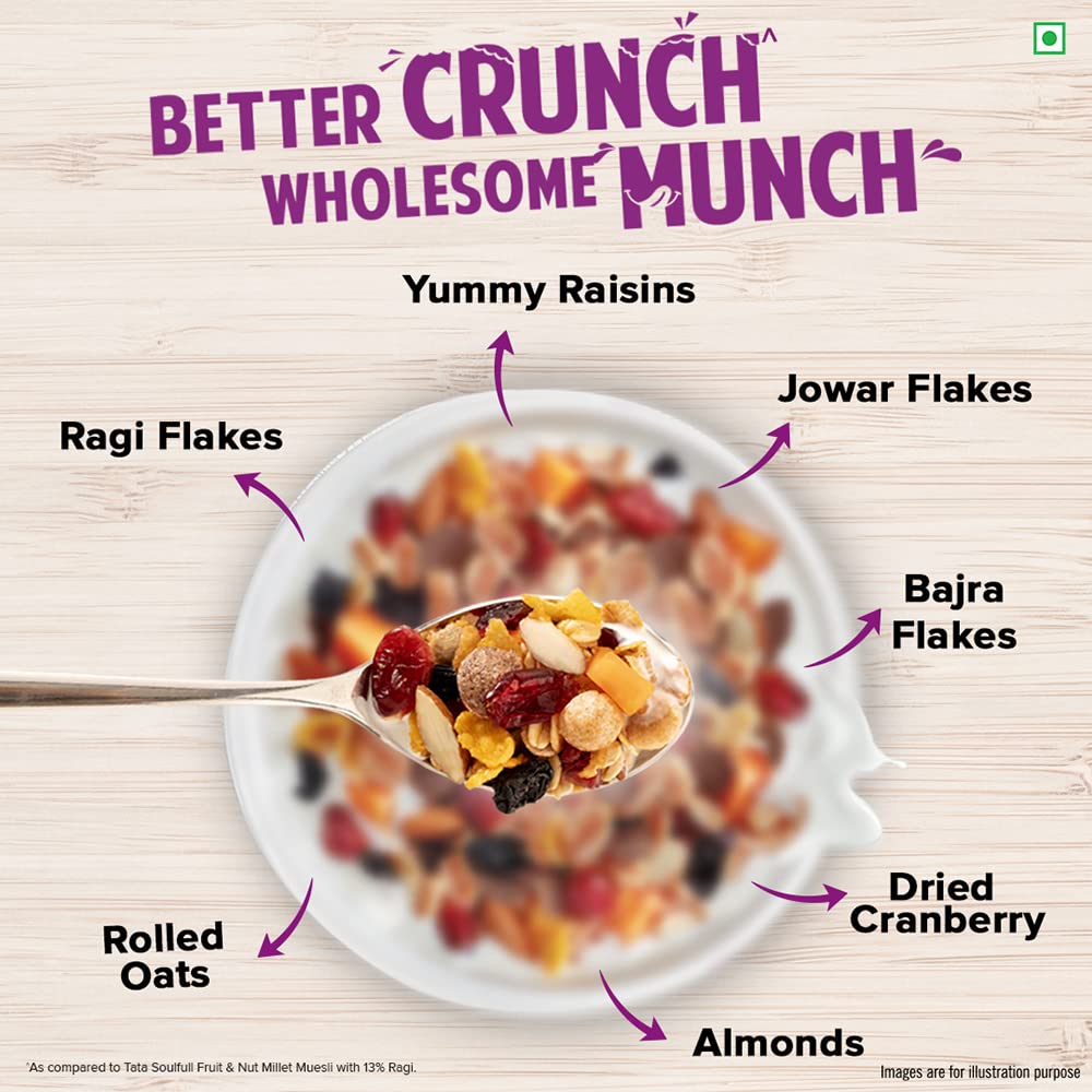 Tata Soulfull Millet Muesli, Fruit & Nut, 700 g, 25% Crunchy Millets, 90% Whole Grains