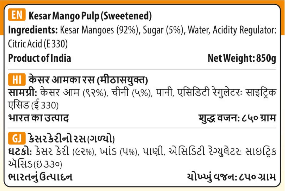 SWAD Kesar Mango Pulp Tin - Sweetened, 850g Canned Fruits