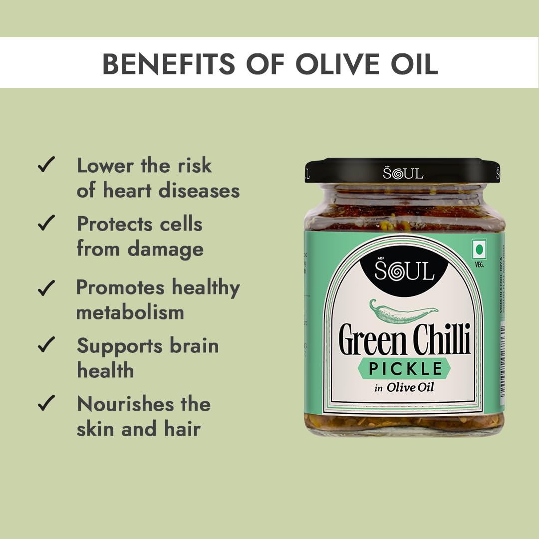 ADF Soul’s Green Chilli Pickle in Olive Oil - 265g, Spicy & Flavorful