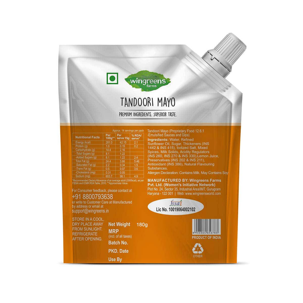 Wingreens Farms Tandoori Mayo, 180gm - Creamy Spread for Dishes