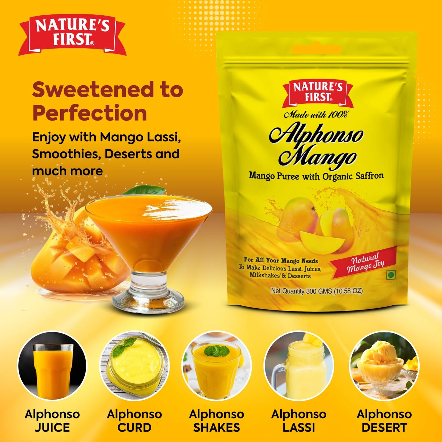 Nature's First Alphonso Mango Pulp with Saffron (6 x 300g) - Pure Mango Goodness for Desserts and Smoothies