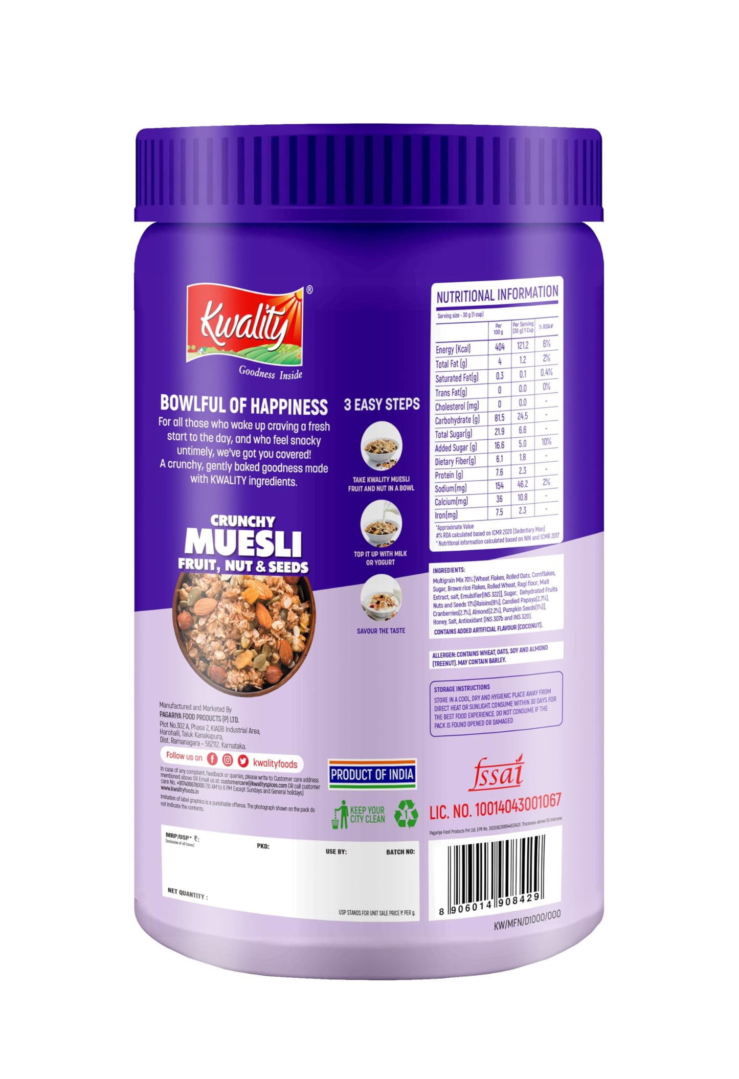 KWALITY Muesli Fruit, Nut & Seeds 900g Jar - 87% Multigrain, No Maida, High in Fiber & Protein