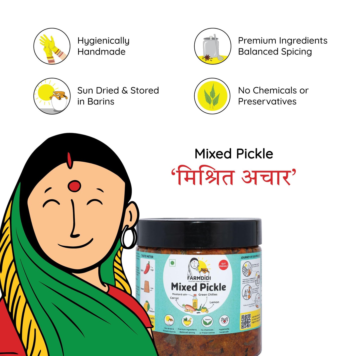 FarmDidi Mixed Pickle 325G | Carrot, Lemon & Chilli | Low-Oil, No Preservatives