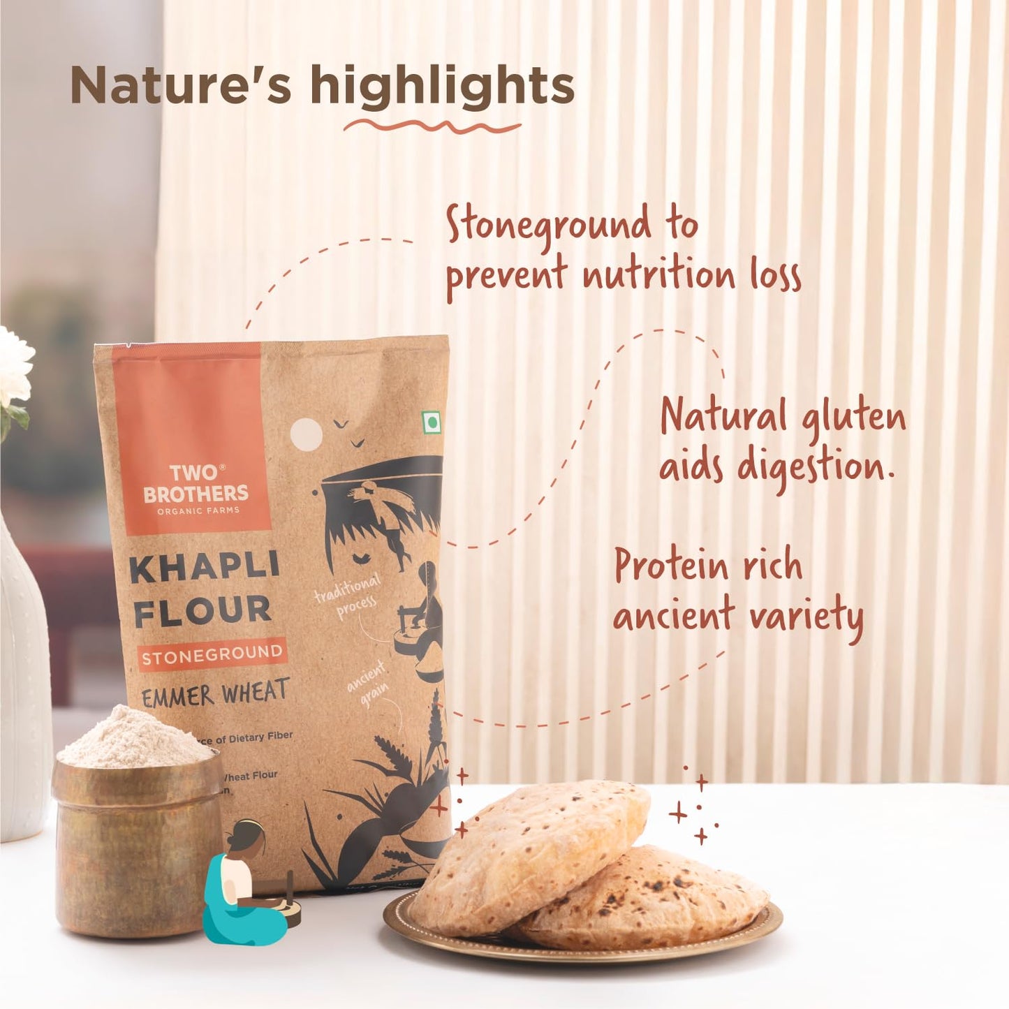 Two Brothers Organic Farms Khapli Wheat Flour 5kg | Stoneground Emmer Wheat for Versatile Cooking