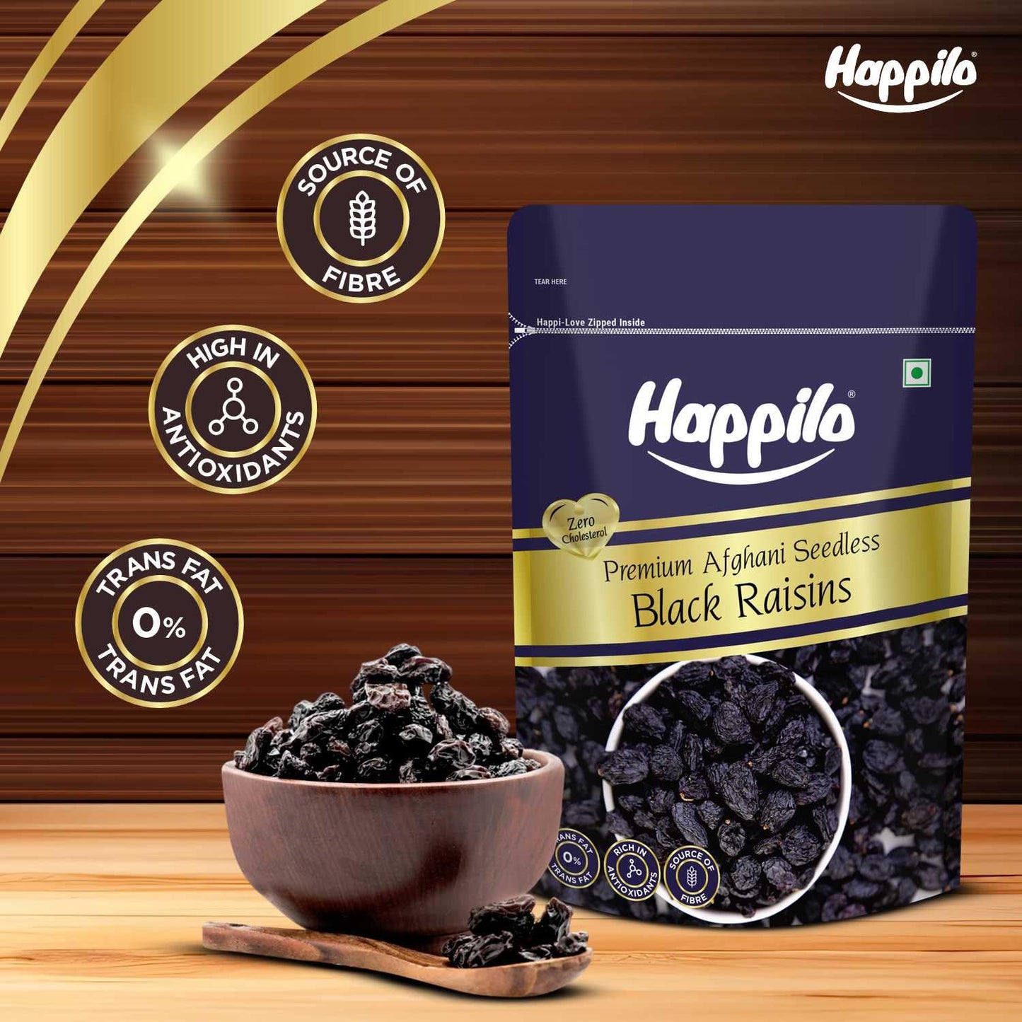 Happilo Afghani Black Raisins Seedless 250g | Dried Fruits | Vegetarian Snack