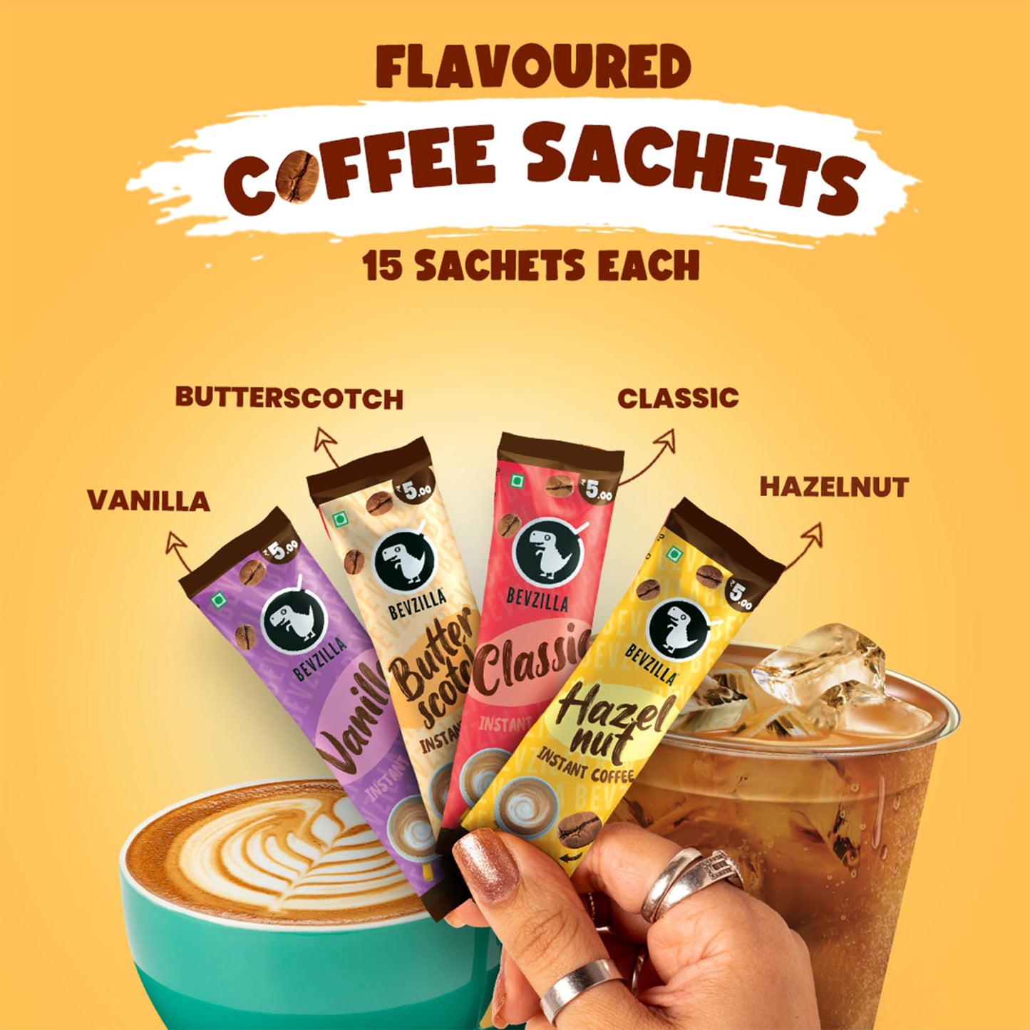 Bevzilla Instant Coffee Powder Sachets - 60 Pouches, 4 Flavours, Arabica