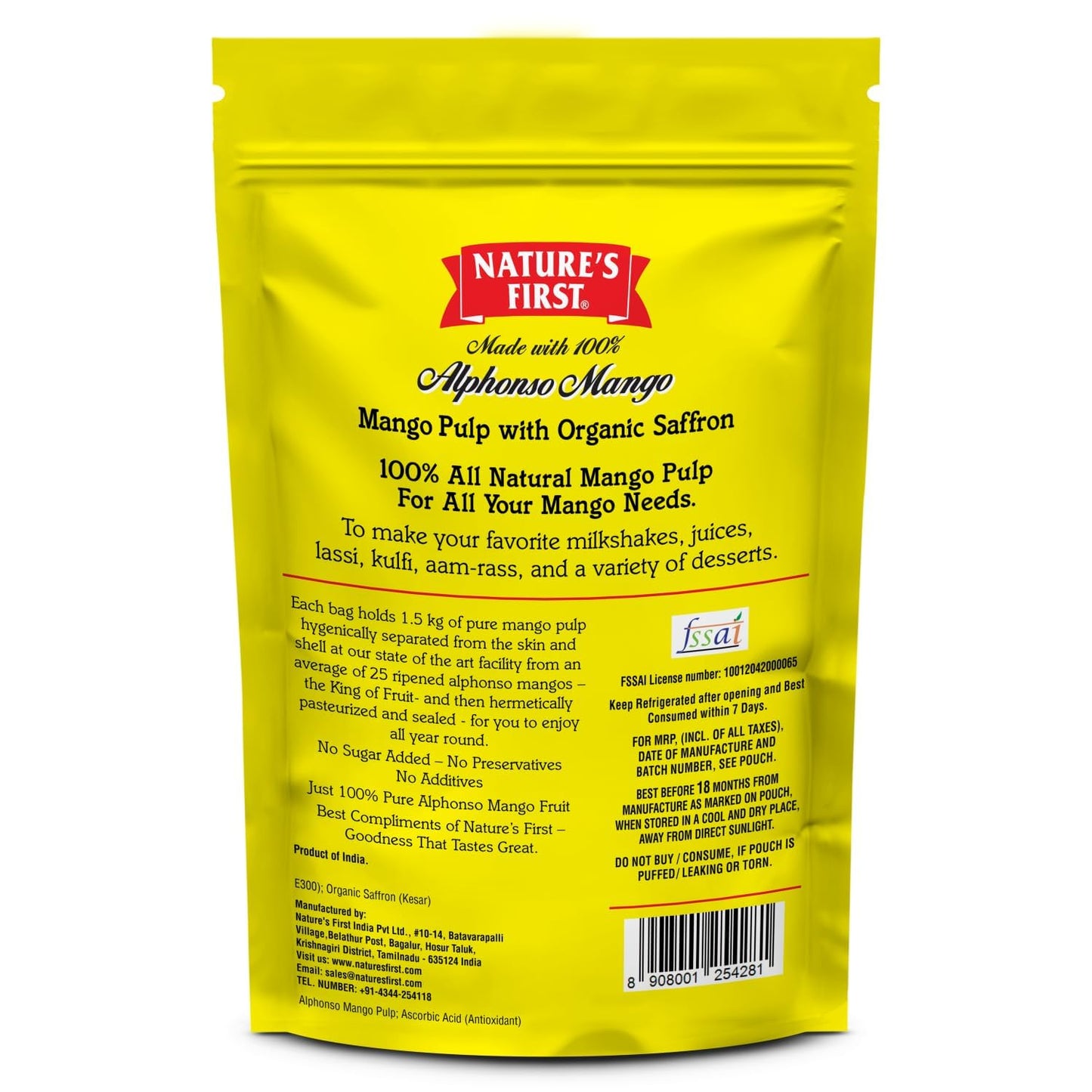 Nature's First Alphonso Mango Pulp 1.5 Kgs with Saffron - Canned Fruits