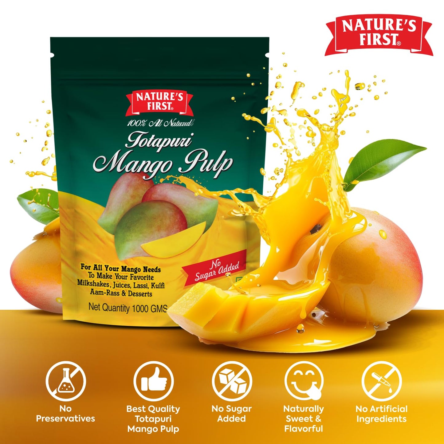 Nature's First Totapuri Mango Pulp 1 Kg Pouch - Fresh Mango Flavor for Smoothies, Desserts, and Juices
