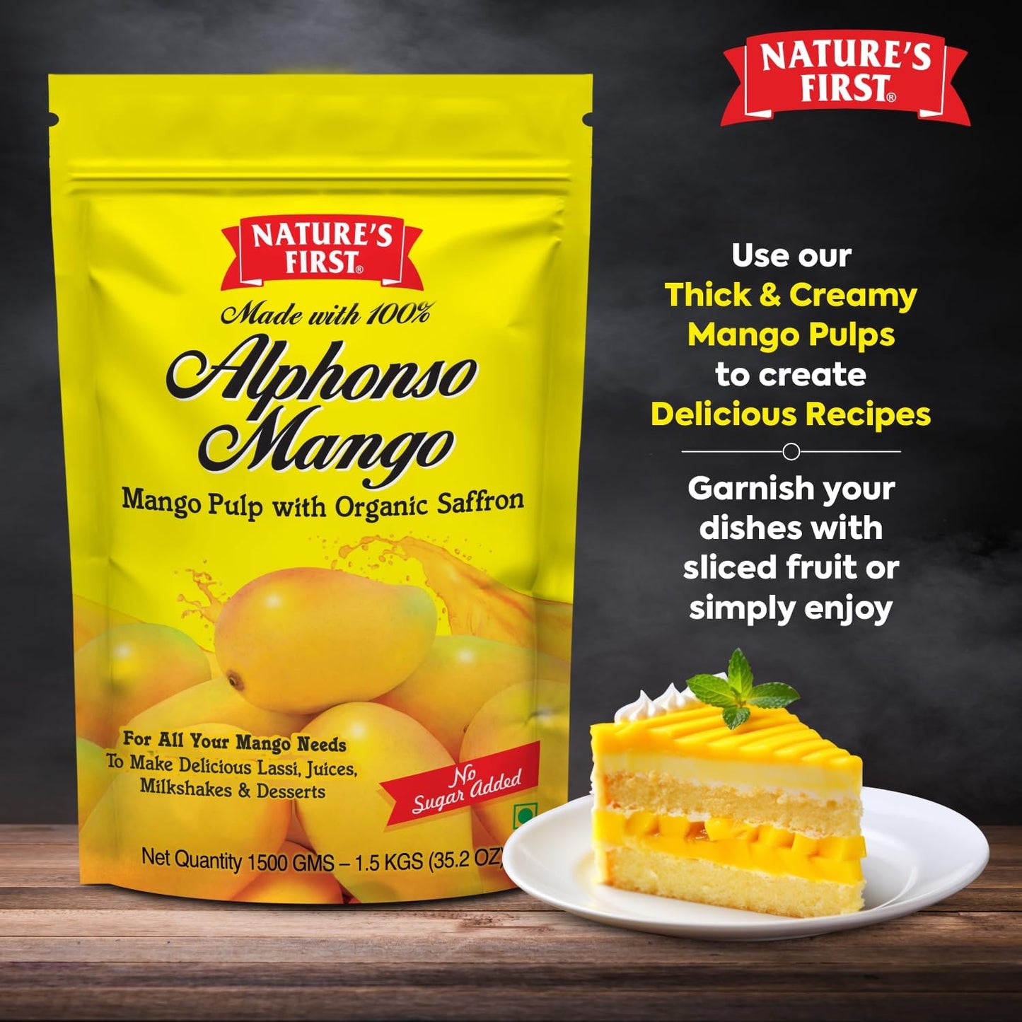 Nature's First Alphonso Mango Pulp 1.5 Kgs with Saffron - Canned Fruits