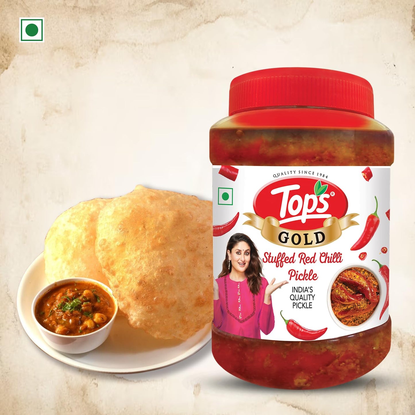 TOPS Gold Pickle Stuffed Red Chilli - 900 gm | Trans Fat-Free, Mustard Oil