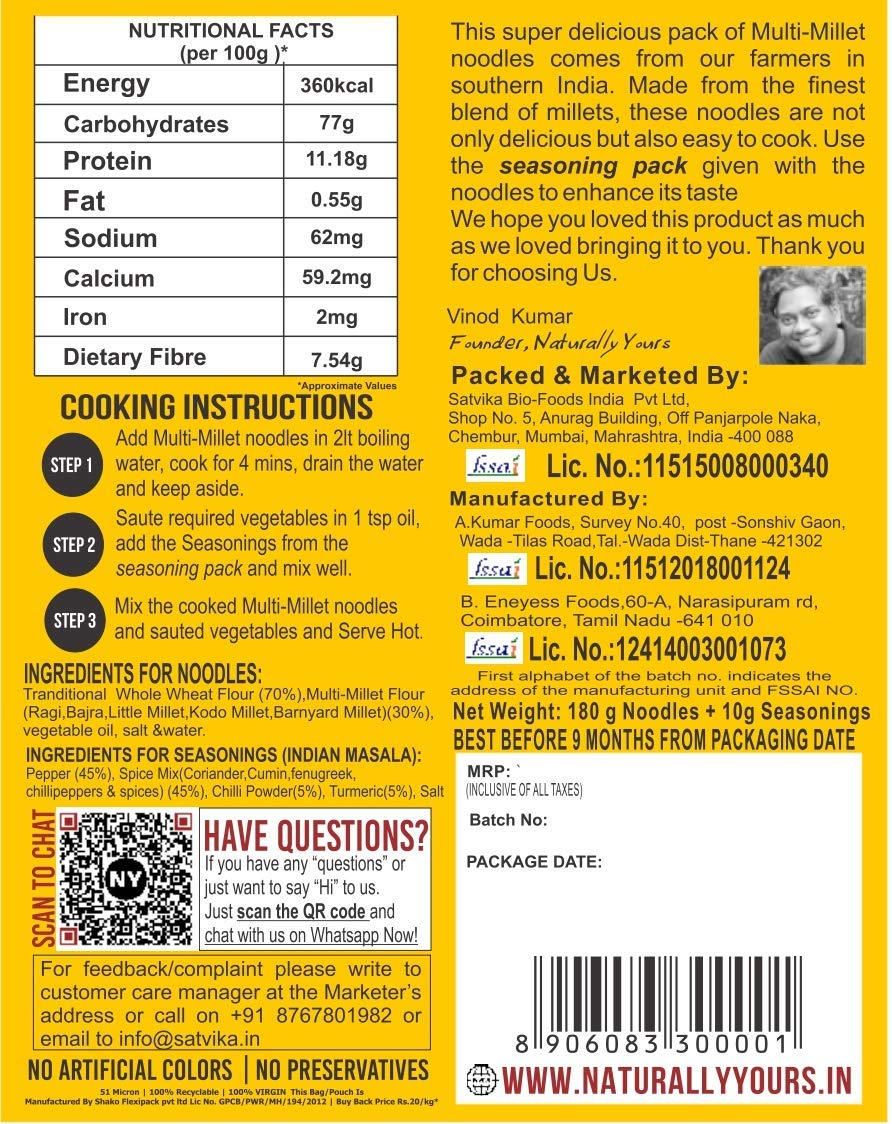Naturally Yours Multi Millet Noodles | 180g Pack of 1 | 6 Supergrains | No Maida, Vegan