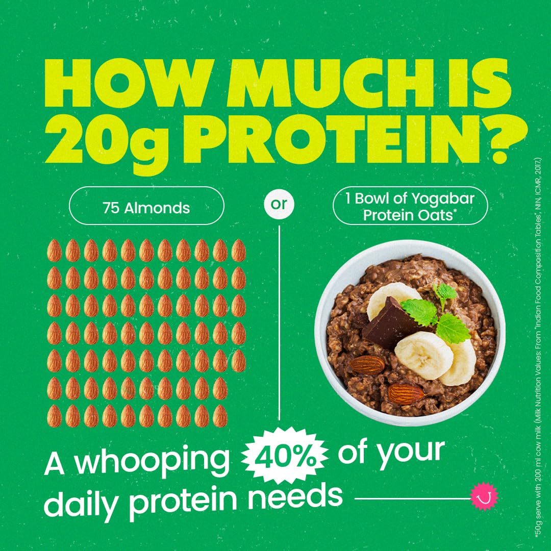 Yogabar High Protein Oats with Dark Chocolate & Almonds - 850g | 20g Protein per Serve | Fiber-Rich & Probiotics