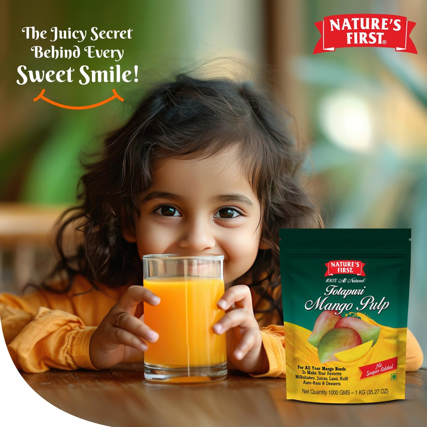 Nature's First Totapuri Mango Pulp 1 Kg Pouch - Fresh Mango Flavor for Smoothies, Desserts, and Juices