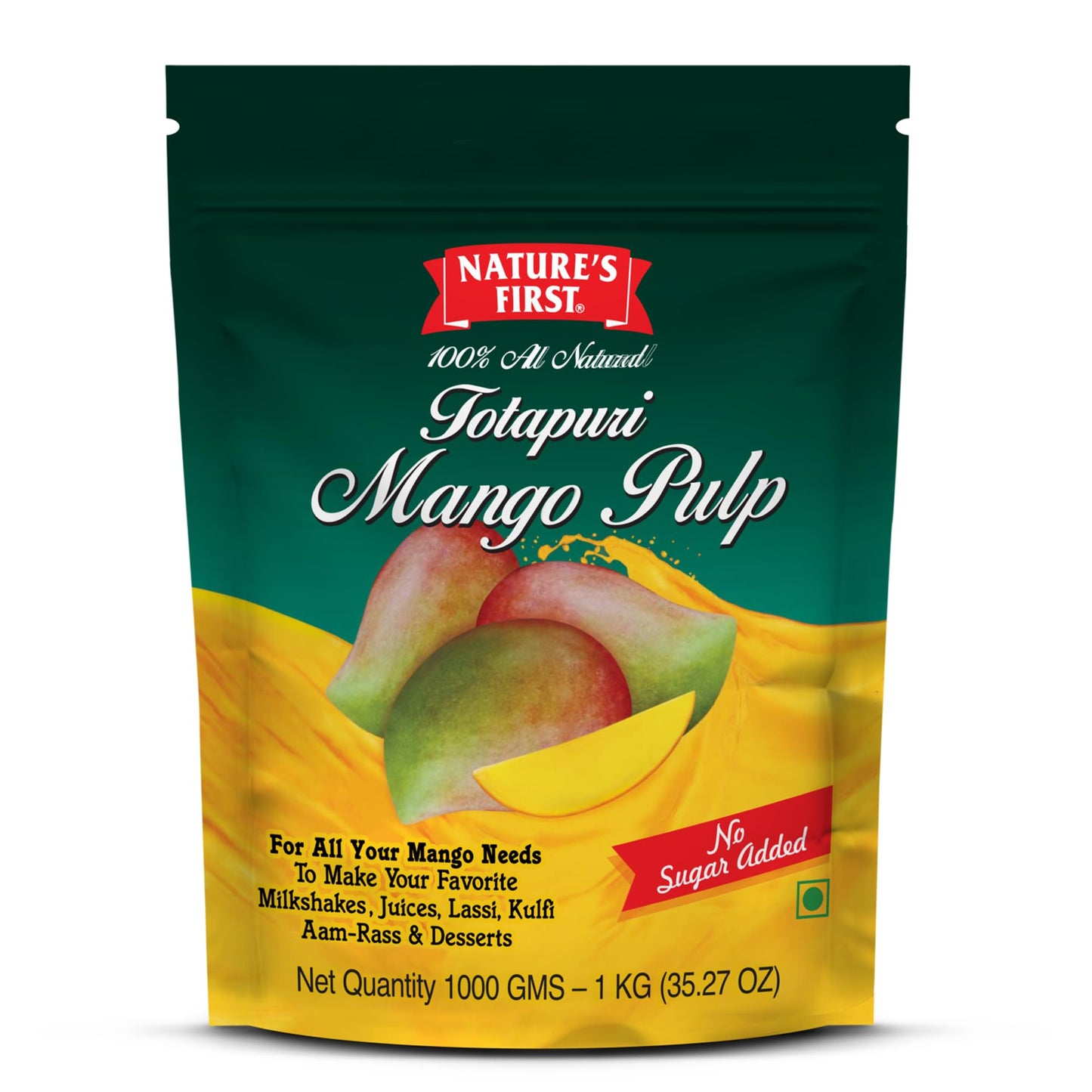 Nature's First Totapuri Mango Pulp 1 Kg Pouch - Fresh Mango Flavor for Smoothies, Desserts, and Juices