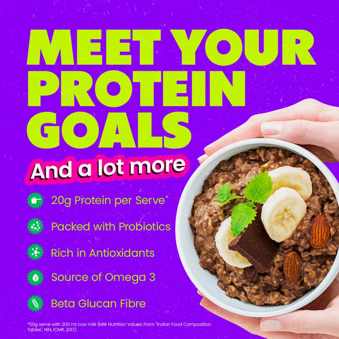 Yogabar High Protein Oats with Dark Chocolate & Almonds - 850g | 20g Protein per Serve | Fiber-Rich & Probiotics