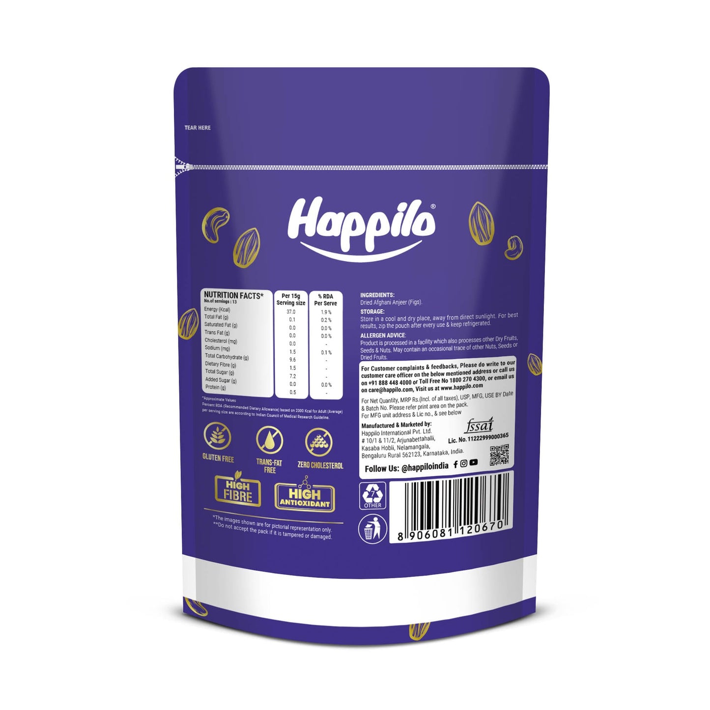 Happilo Dried Afghani Anjeer 200g | Low Sodium, Vegan Snack