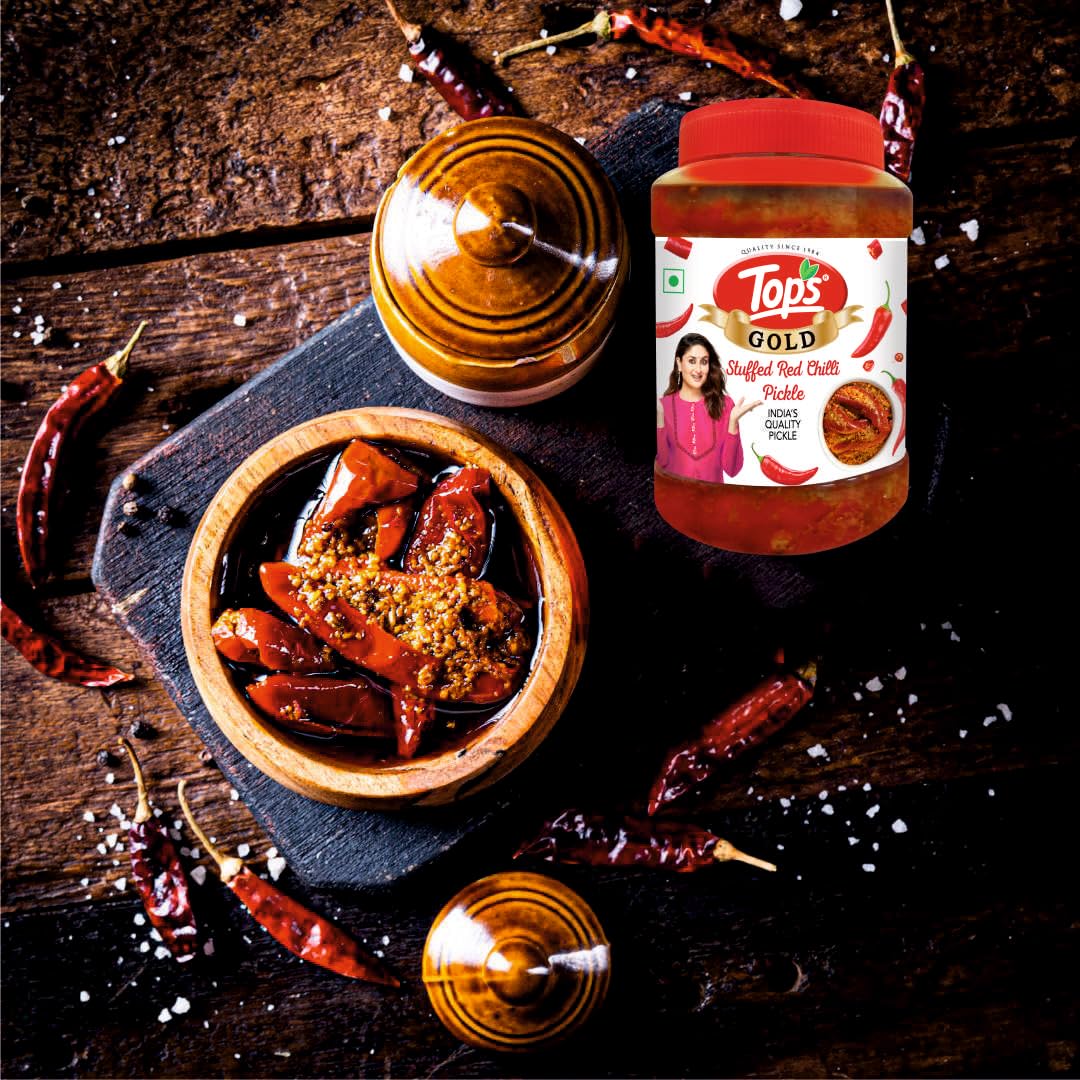TOPS Gold Pickle Stuffed Red Chilli - 900 gm | Trans Fat-Free, Mustard Oil