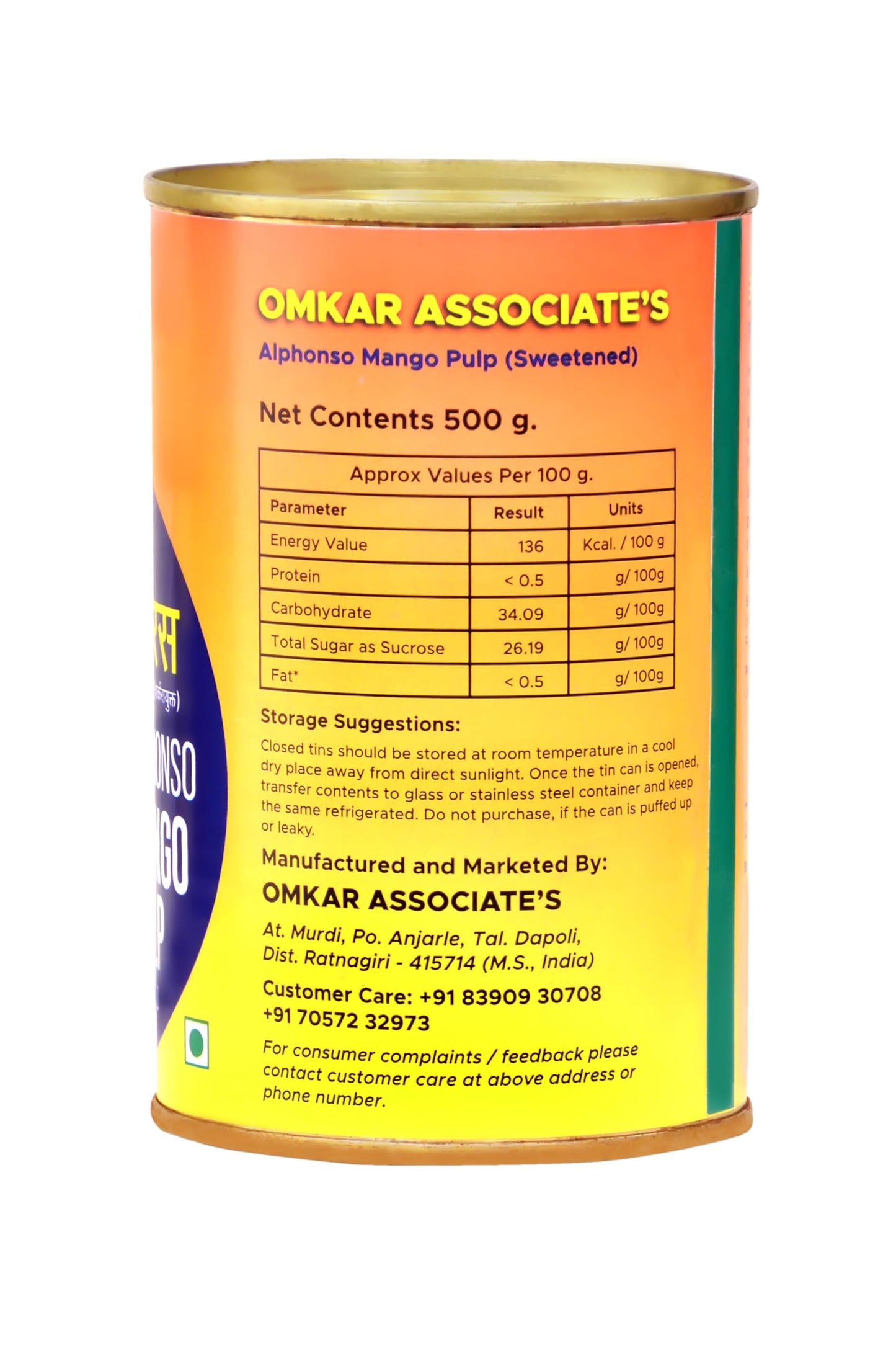 OMKAR ASSOCIATE'S Alphonso Mango Pulp 450 gm - Canned Fruits, No Preservatives
