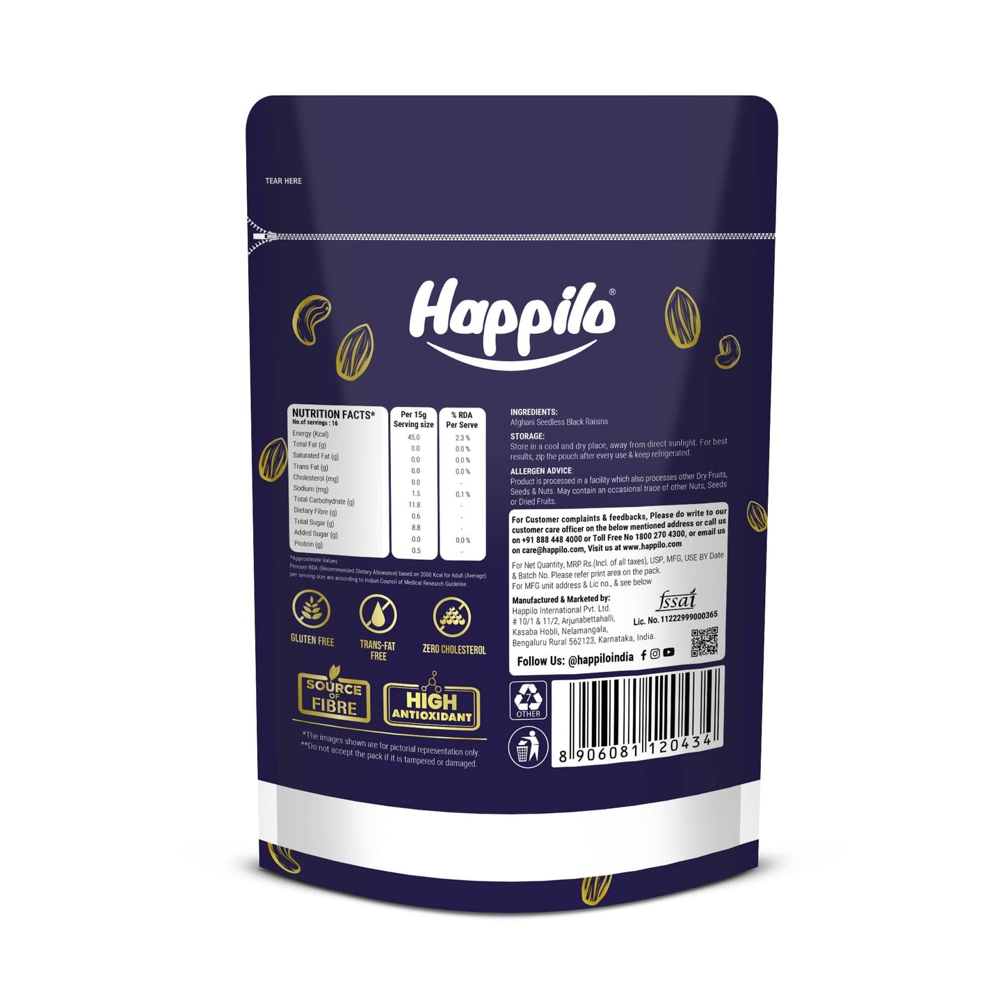 Happilo Afghani Black Raisins Seedless 250g | Dried Fruits | Vegetarian Snack