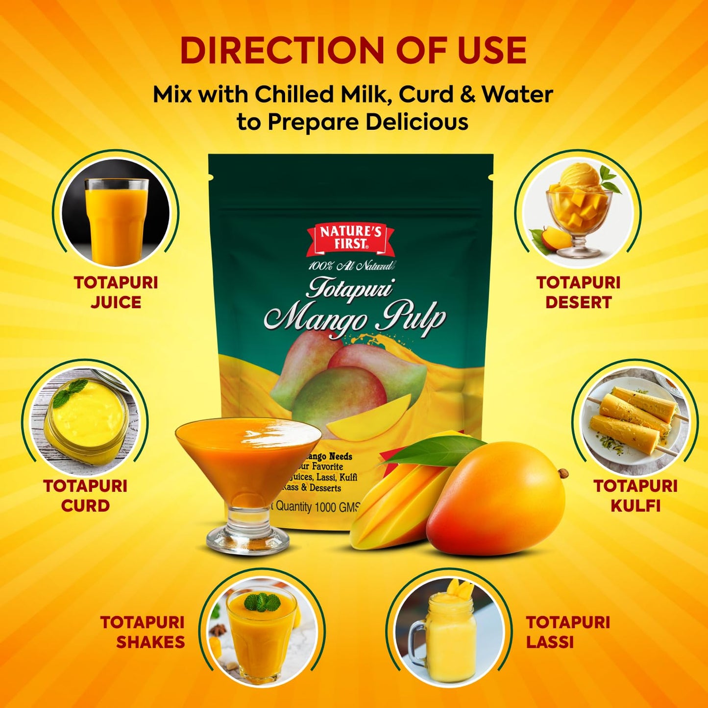 Nature's First Totapuri Mango Pulp 1 Kg Pouch - Fresh Mango Flavor for Smoothies, Desserts, and Juices