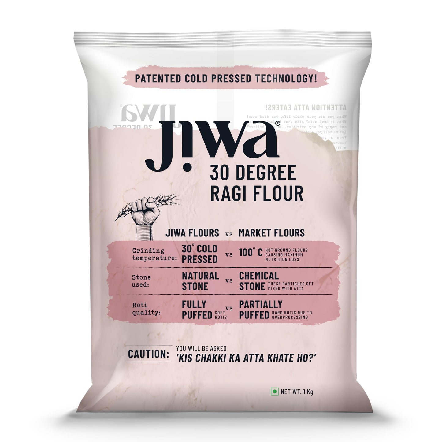 JIWA Organic Ragi Flour, 1 Kg - Freshly Cold Pressed Atta