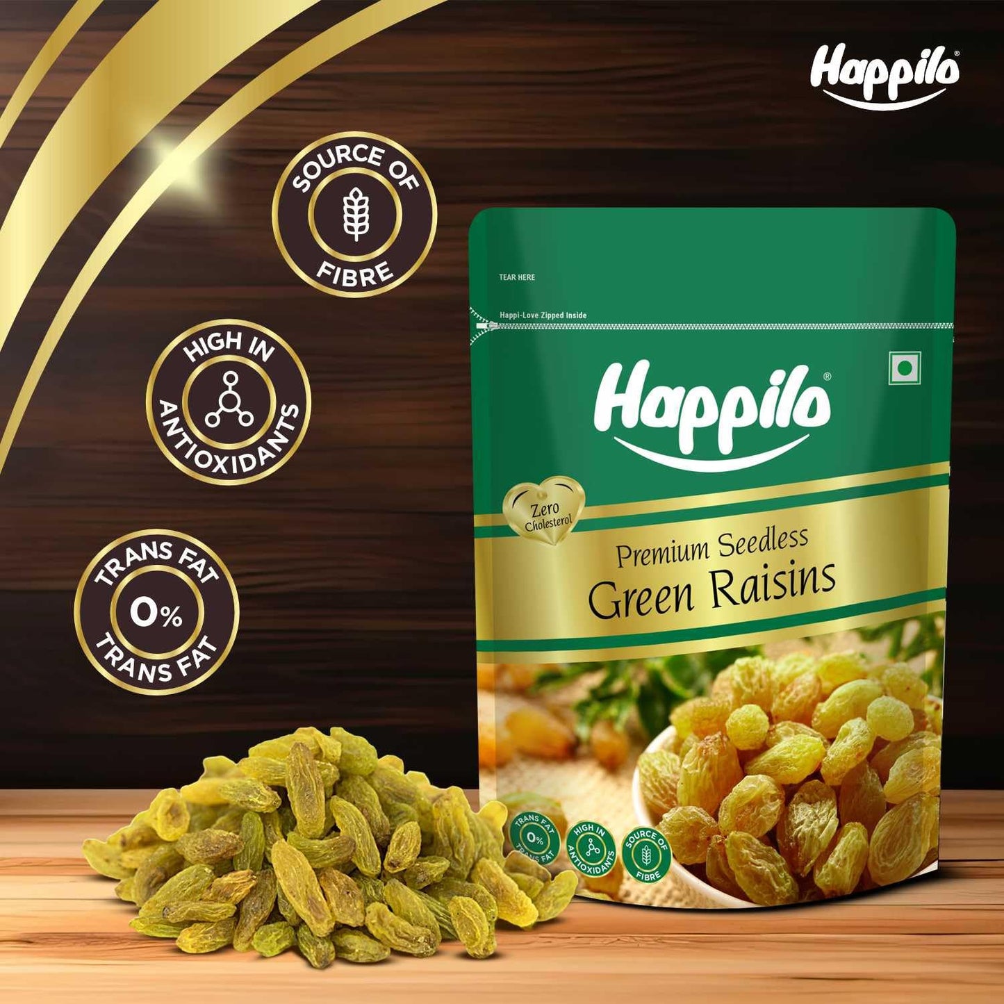 Happilo Dried Seedless Green Raisins 500 gm | Flavourful Snack | Source of Potassium | Dried Fruits