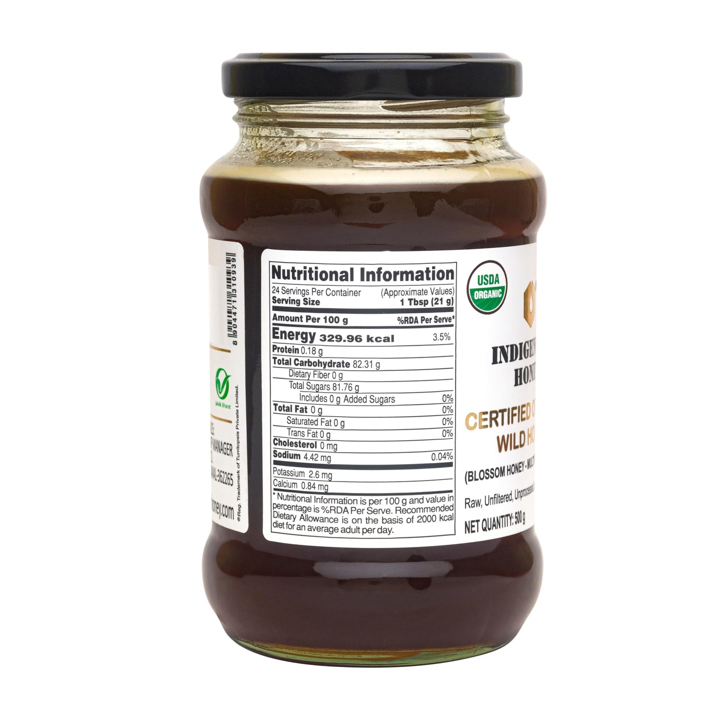 INDIGENOUS HONEY Raw Organic Honey 500 g Glass Jar - USDA Certified, NMR Tested