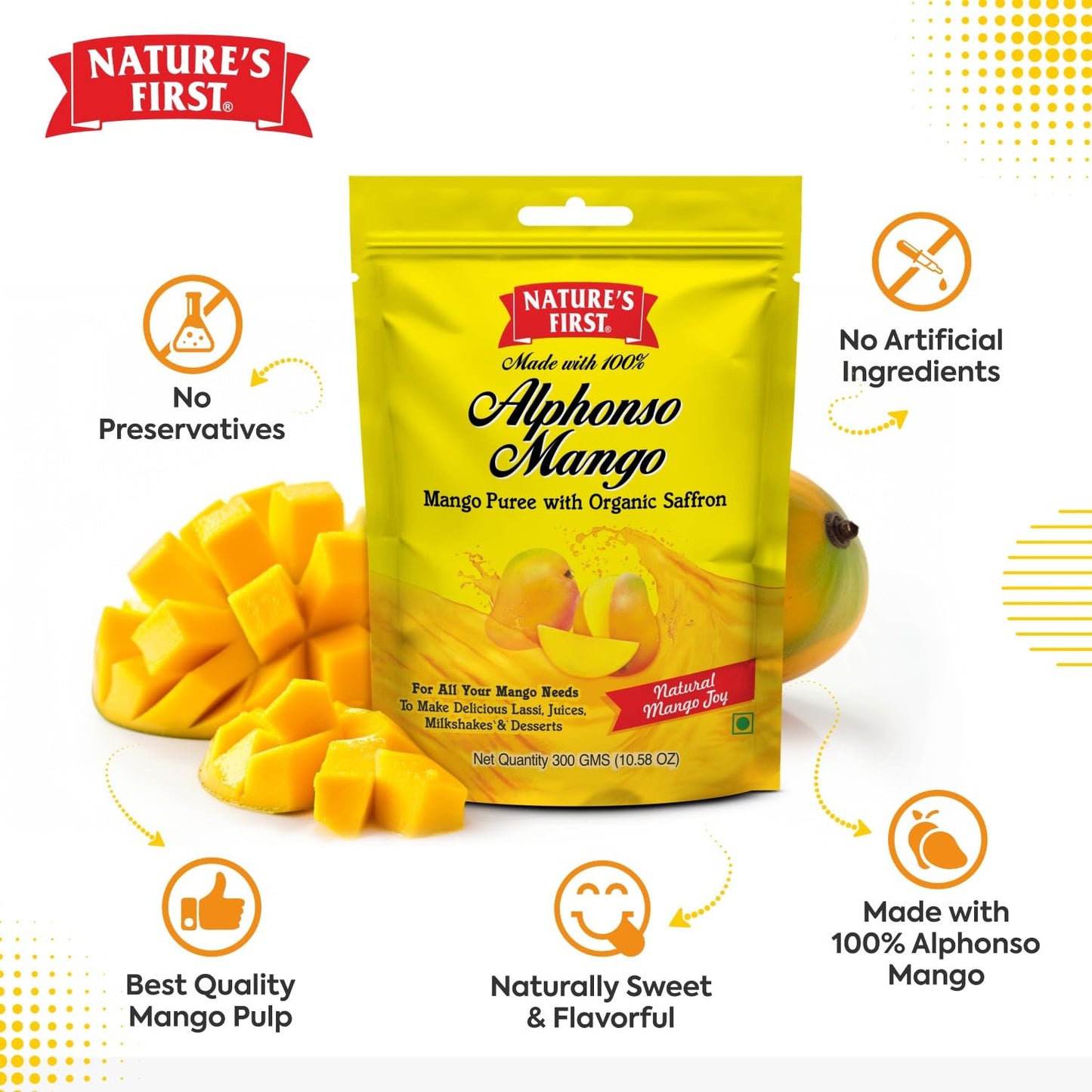 Nature's First Alphonso Mango Pulp with Saffron (6 x 300g) - Pure Mango Goodness for Desserts and Smoothies