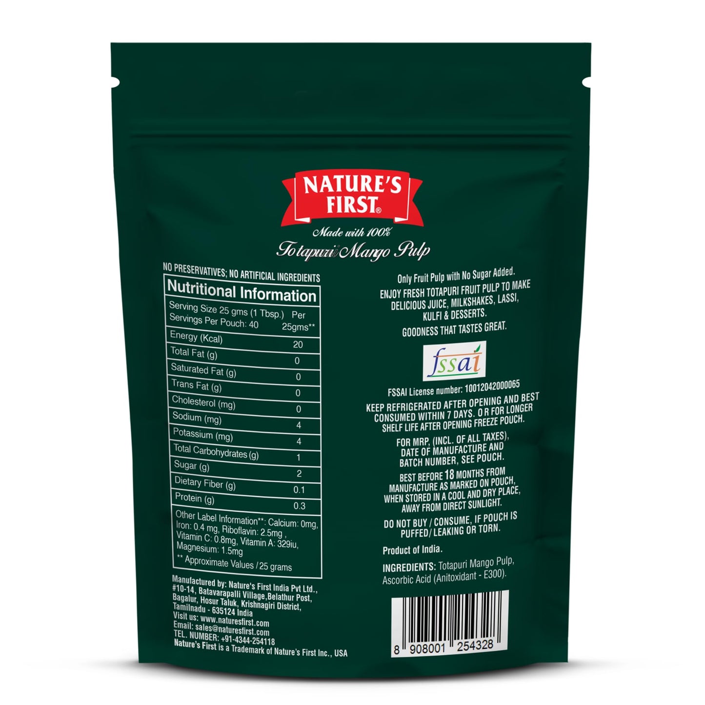 Nature's First Totapuri Mango Pulp 1 Kg Pouch - Fresh Mango Flavor for Smoothies, Desserts, and Juices
