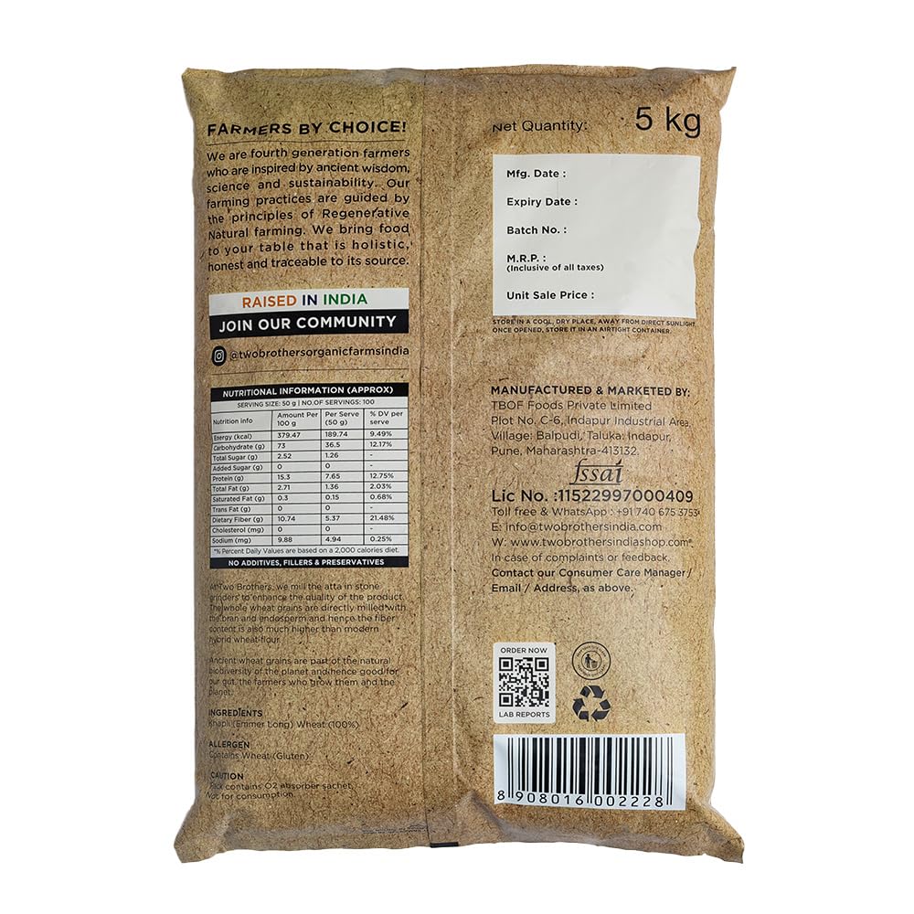 Two Brothers Organic Farms Khapli Wheat Flour 5kg | Stoneground Emmer Wheat for Versatile Cooking