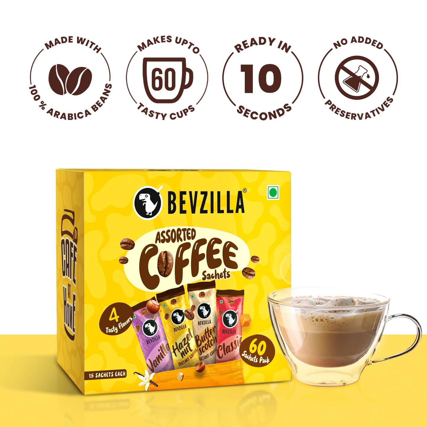 Bevzilla Instant Coffee Powder Sachets - 60 Pouches, 4 Flavours, Arabica