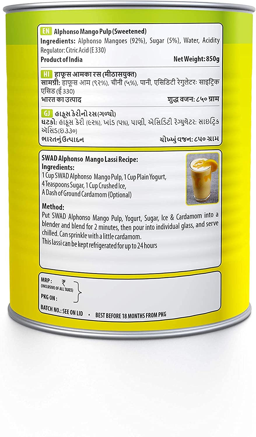 SWAD Ratnagiri Alphonso Mango Pulp Tin, 850g - Pack of 2