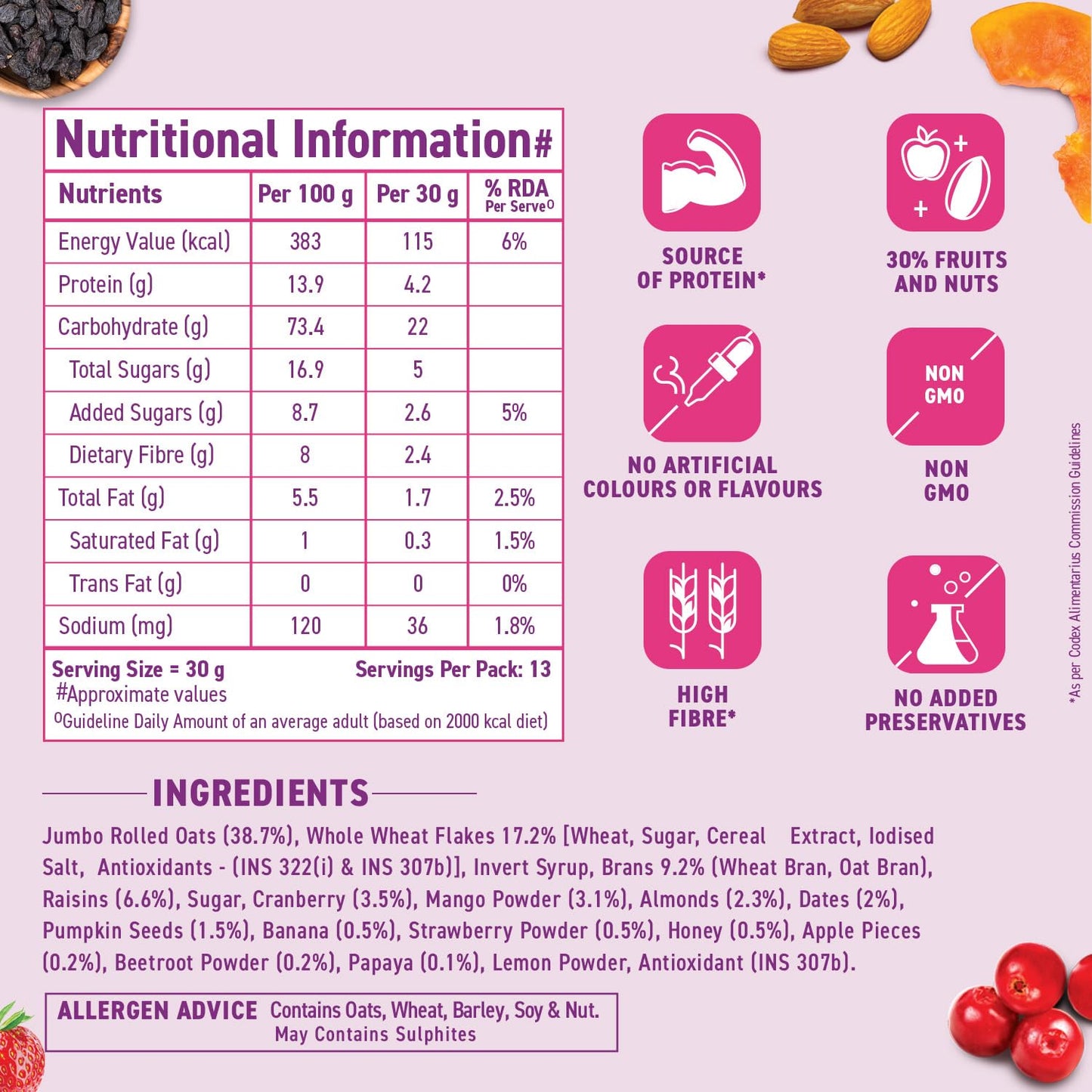 Bagrry’s Fruit & Nut Muesli - 750G | 30% Real Fruits, Nuts & Seeds, 38% Oats