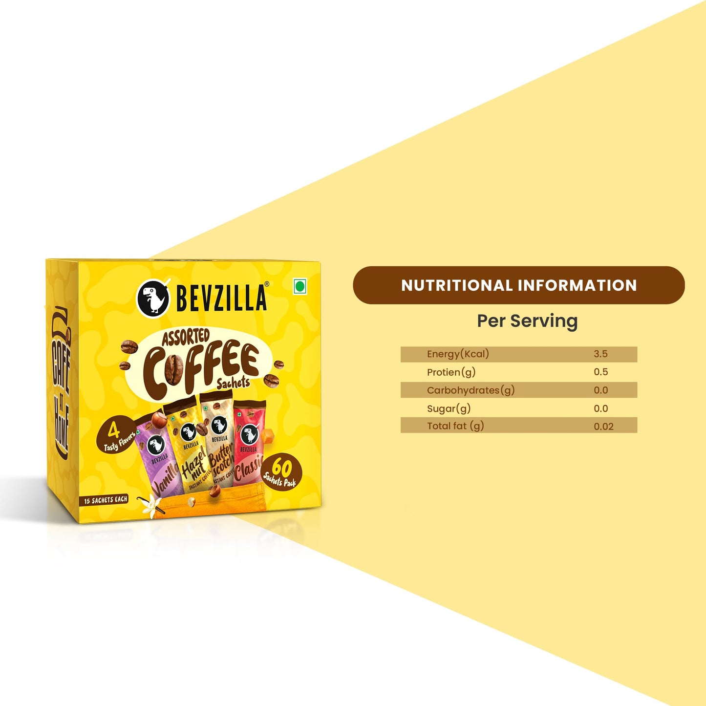 Bevzilla Instant Coffee Powder Sachets - 60 Pouches, 4 Flavours, Arabica