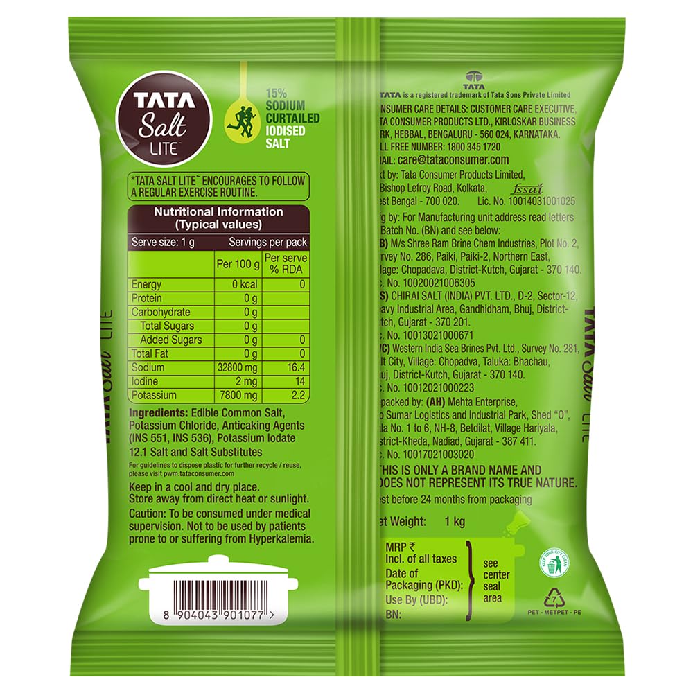 Tata Salt Lite, Low Sodium Iodized Salt, 1kg Pack
