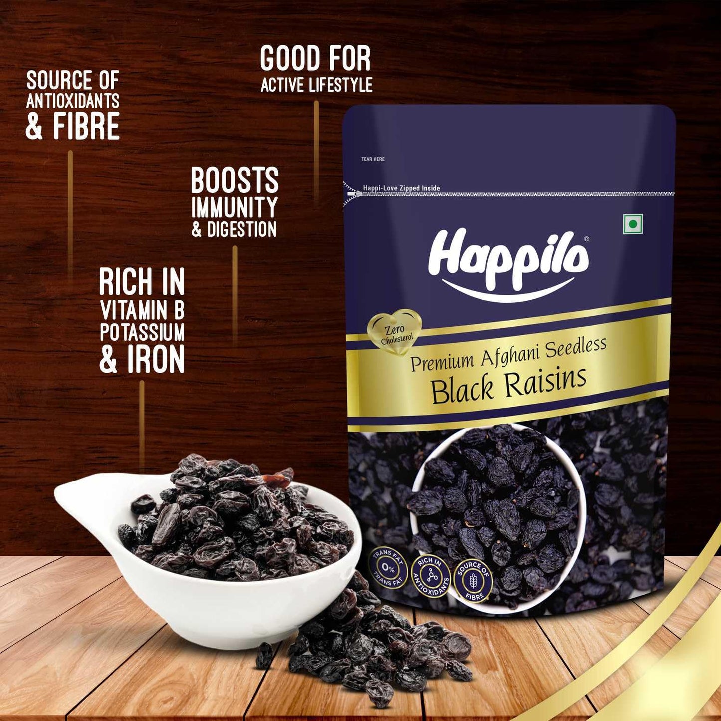 Happilo Afghani Black Raisins Seedless 250g | Dried Fruits | Vegetarian Snack