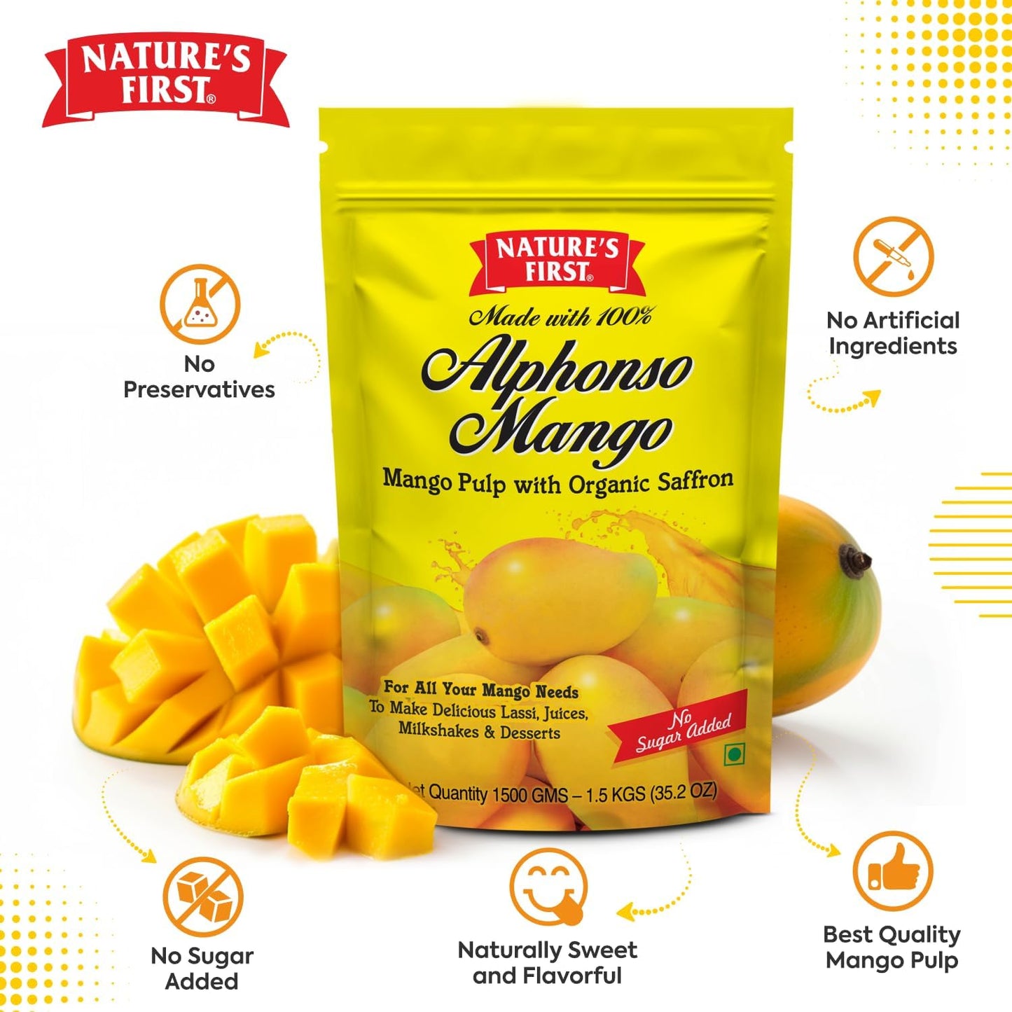 Nature's First Alphonso Mango Pulp 1.5 Kgs with Saffron - Canned Fruits