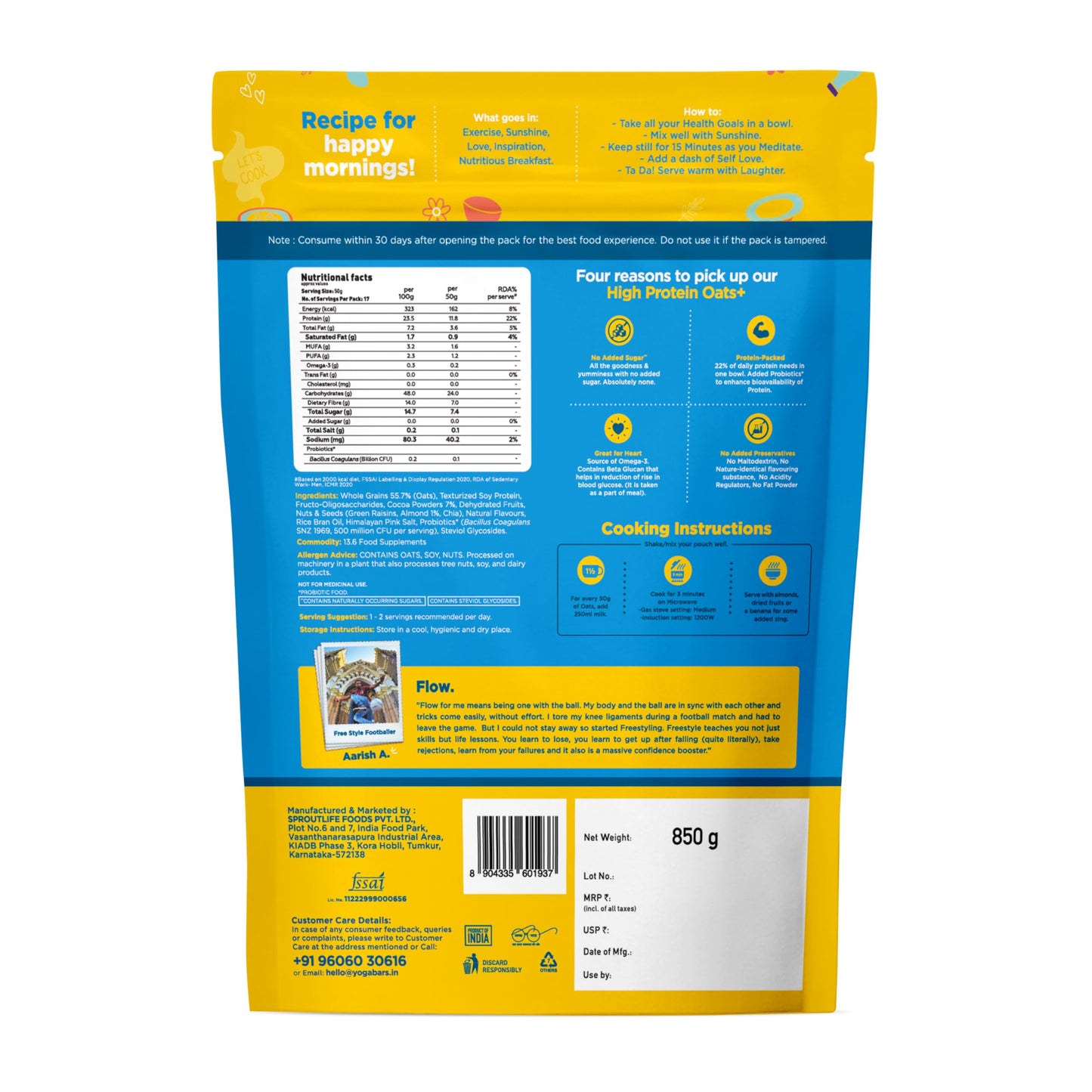 Yogabar High Protein Oats with Dark Chocolate & Almonds - 850g | 20g Protein per Serve | Fiber-Rich & Probiotics