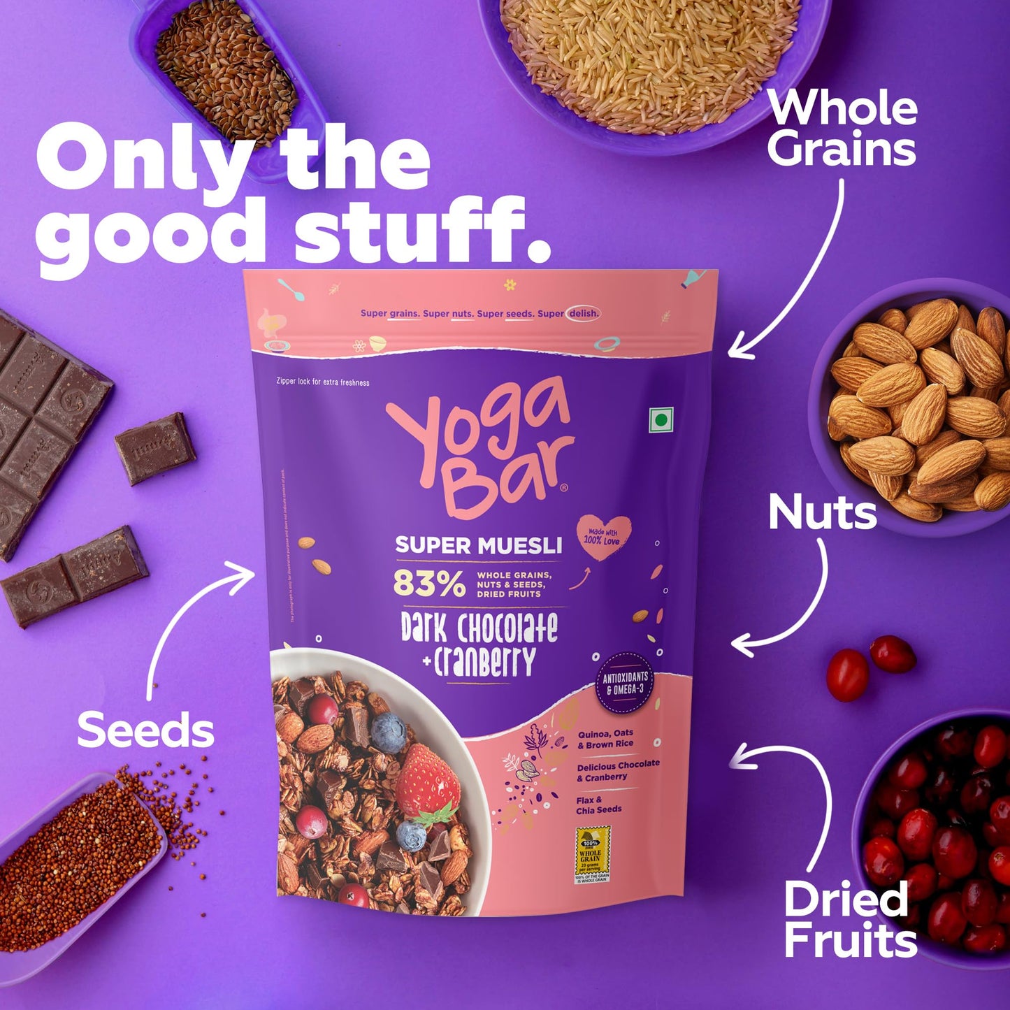 Yogabar Wholegrain Breakfast Muesli - Dark Chocolate & Cranberry, 700g Pack