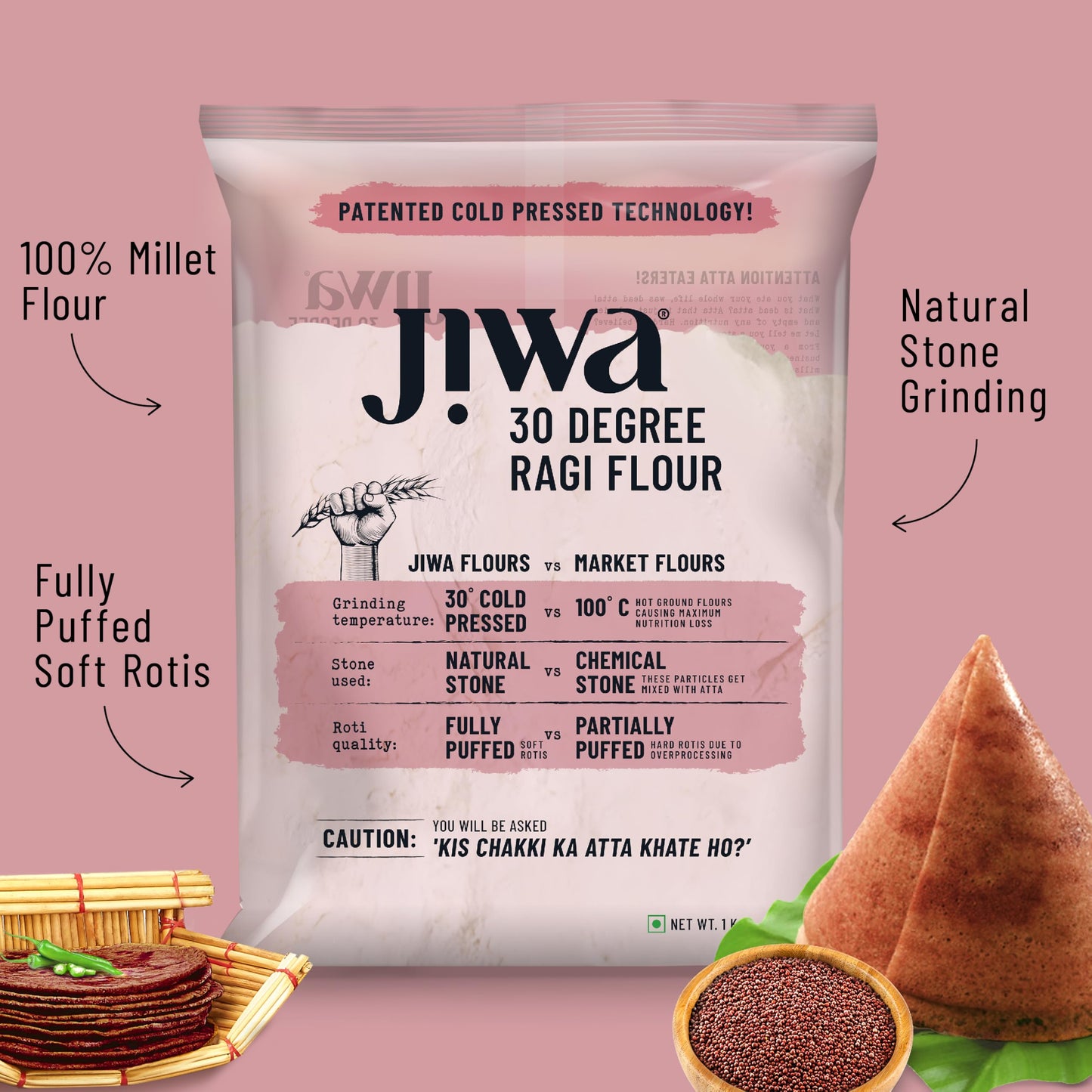 JIWA Organic Ragi Flour, 1 Kg - Freshly Cold Pressed Atta