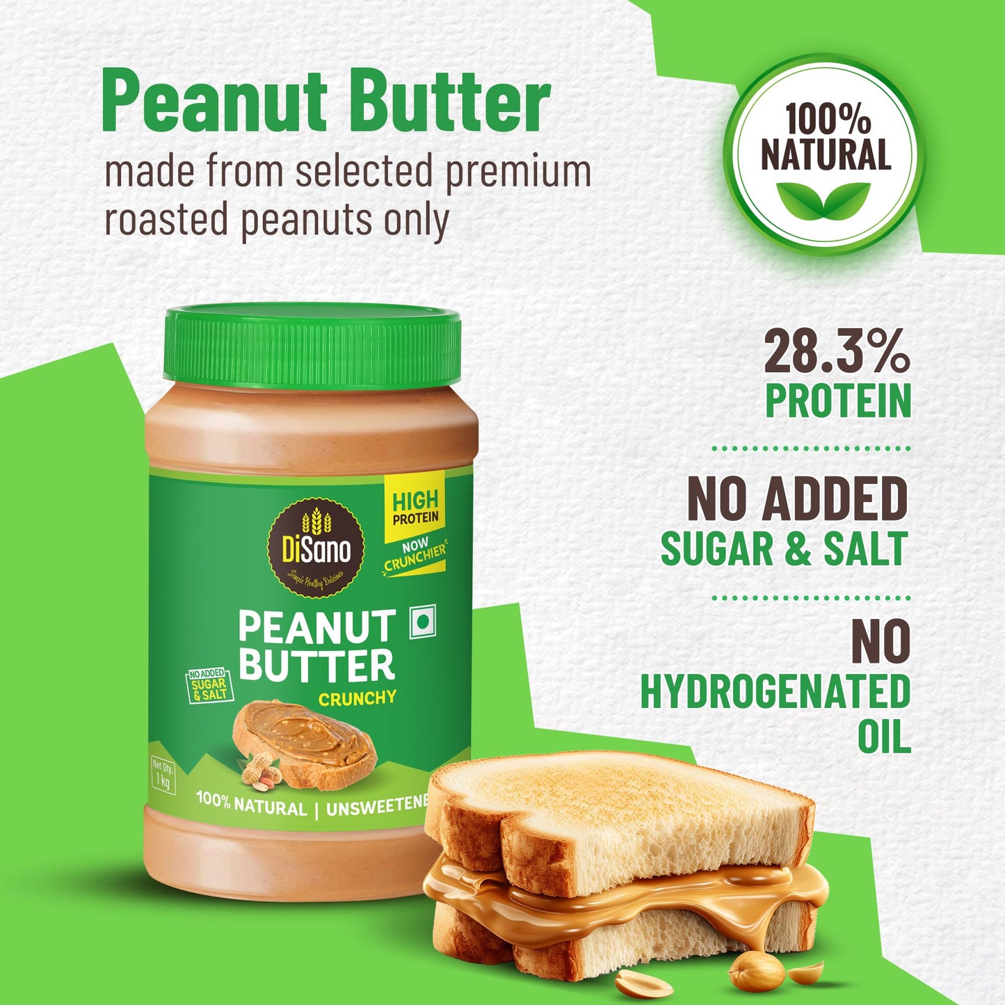 DiSano Peanut Butter 1Kg, Unsweetened, Gluten-Free, 30% Protein