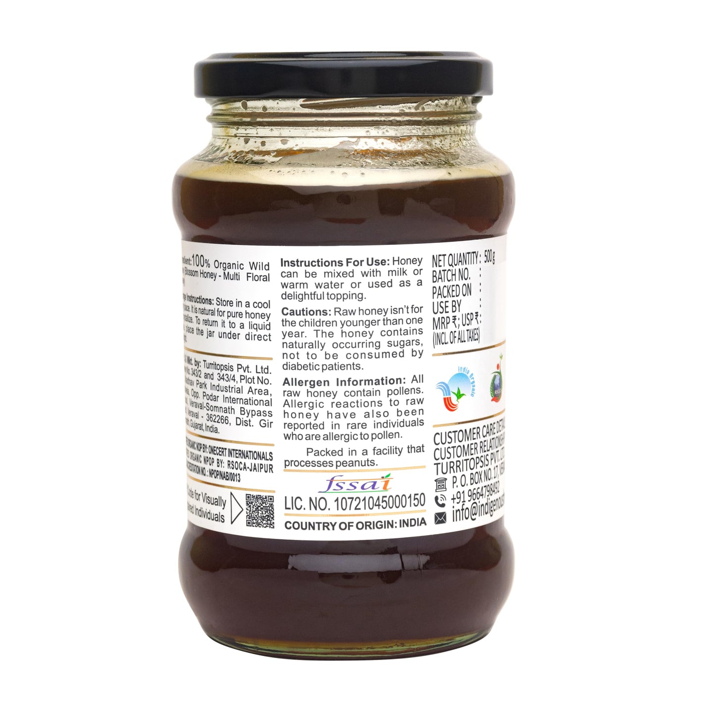 INDIGENOUS HONEY Raw Organic Honey 500 g Glass Jar - USDA Certified, NMR Tested
