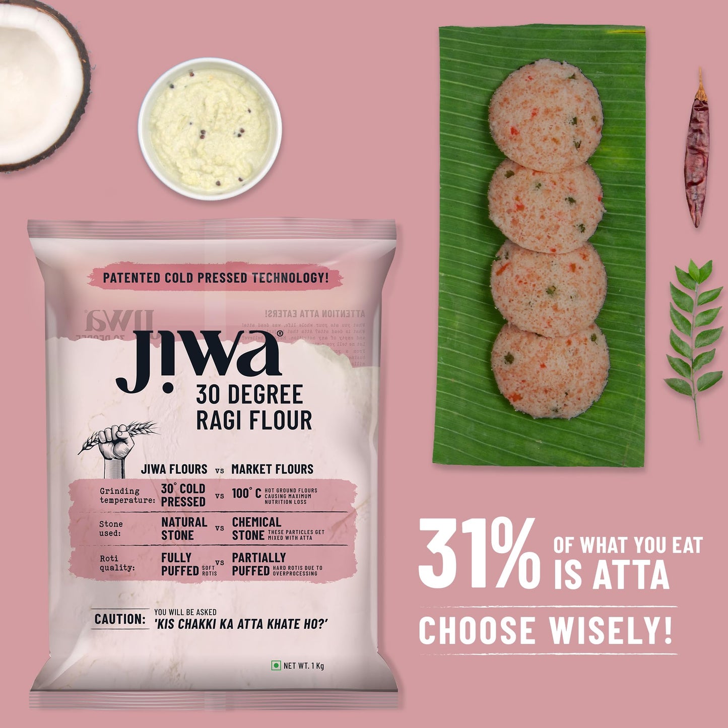 JIWA Organic Ragi Flour, 1 Kg - Freshly Cold Pressed Atta