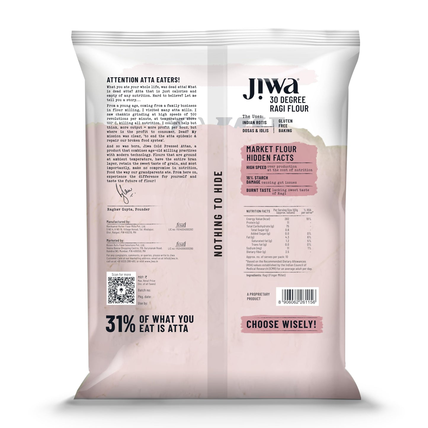 JIWA Organic Ragi Flour, 1 Kg - Freshly Cold Pressed Atta