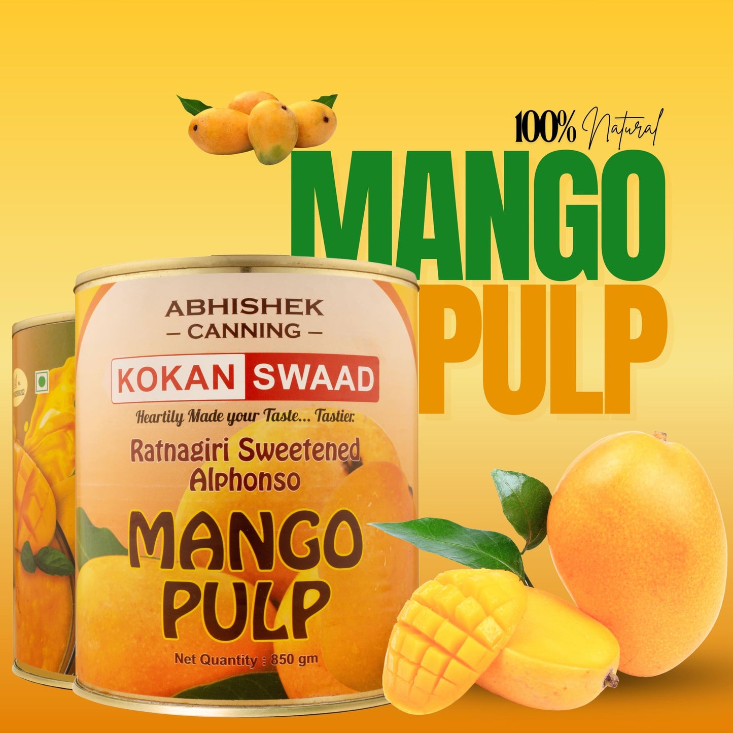 KOKANSWAAD Canned Alphonso Mango Pulp 850g - Sweetened, Non-GMO, No Preservatives
